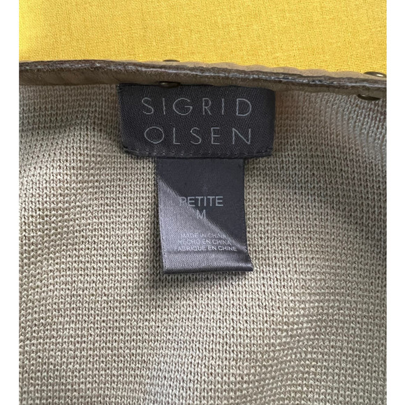 Sigrid Olsen Silk Blend Tan Leather Trim Long Sleeve Crew Neck Cardigan Size MP - Picture 4 of 8